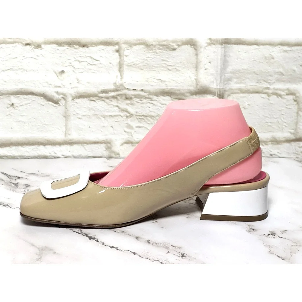 Ferca 81 Shoes Tan Beige Slingback Block Heel Tan White Size‎ (39) US 8-8.5